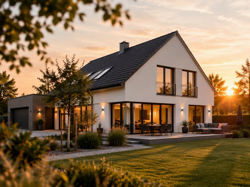 Modernes Einfamilienhaus in der Abendsonne — Beispiel für eine vermittelte Baufinanzierung